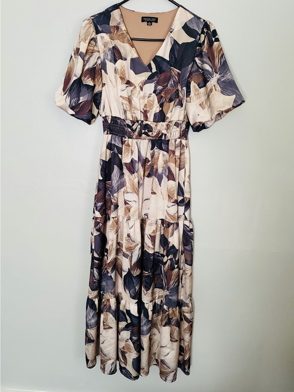 Rachel Zoe Beige and Brown Floral V-Neck Maxi Dress women’s XS